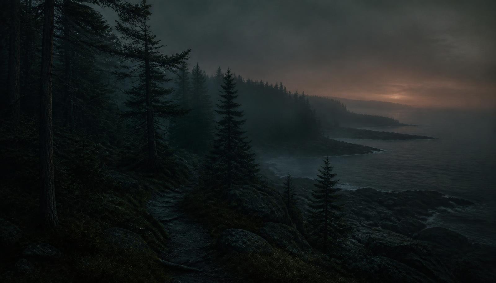 Foggy Maine coastline at dusk